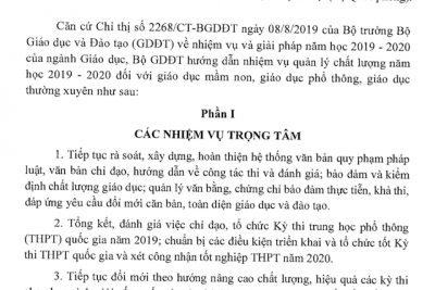 Hướng dẫn nhiệm vụ quản lý chất lượng năm học 2019-2020